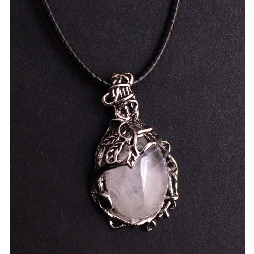 White Moonstone Crystal Pendant Necklace Silver Wrapped Oval Gemstone Charm Boho